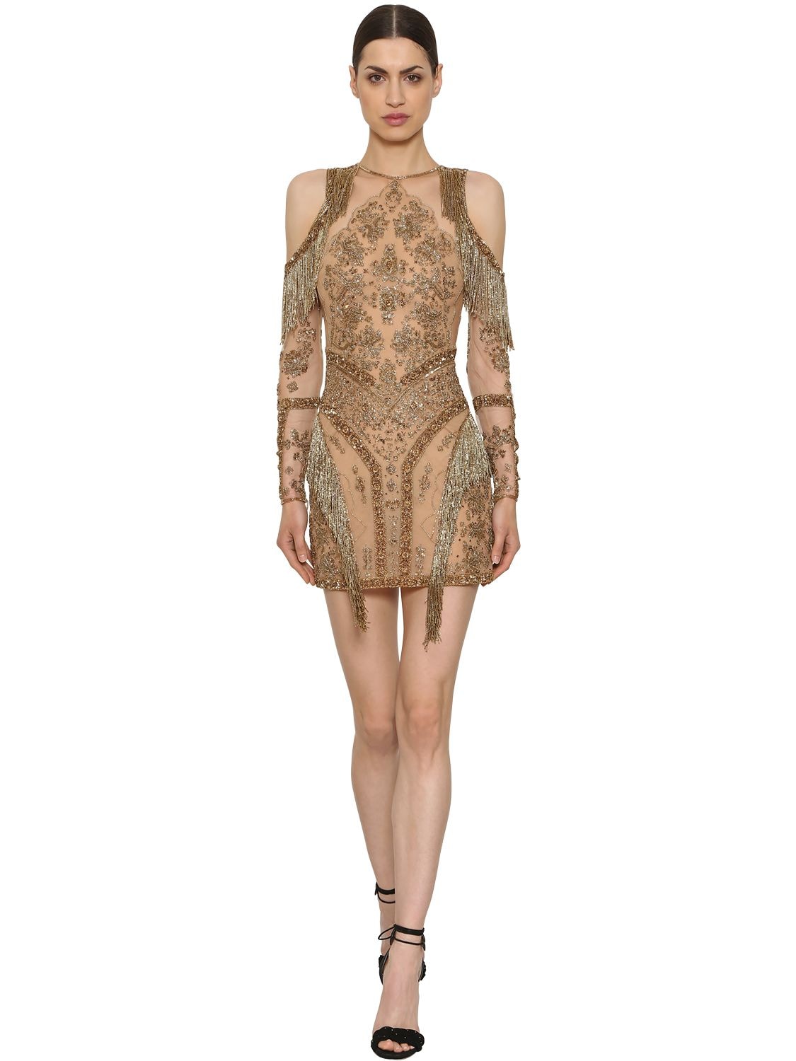 Zuhair Murad Sequins & Beads Fringed Sheer Dress In Gold