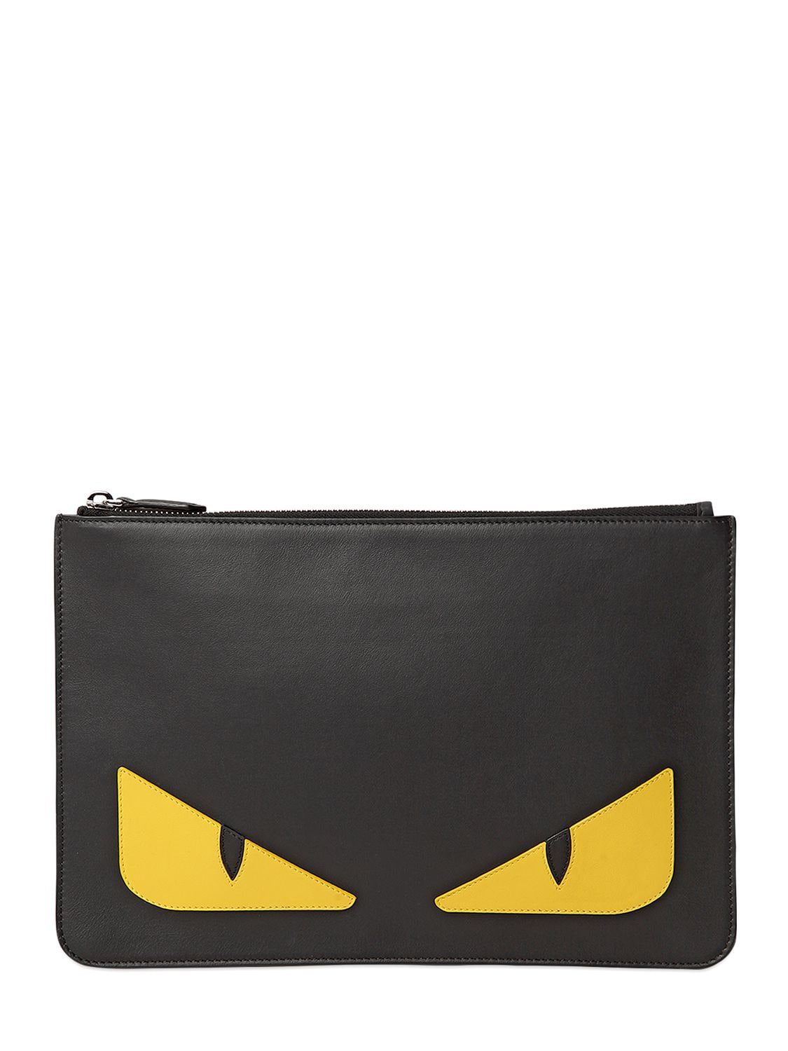 Fendi Monster Smooth Leather Pouch In Black/yellow
