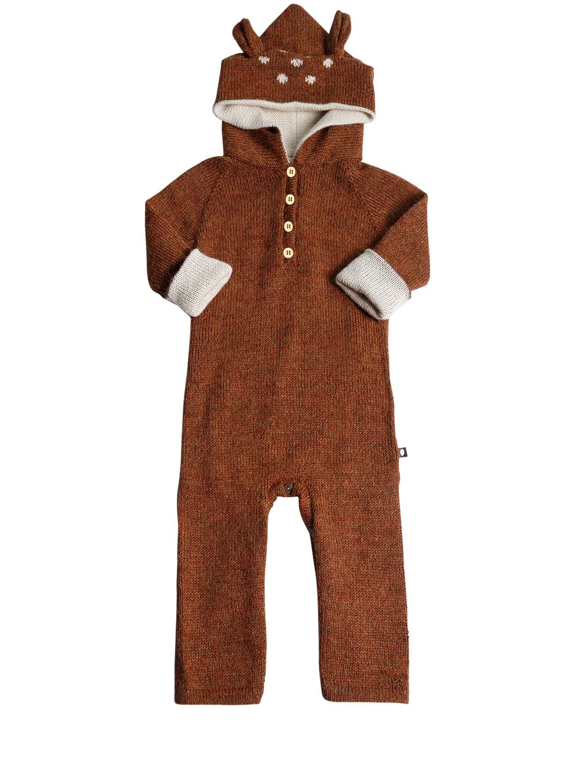 Oeuf Bambi Hooded Baby Alpaca Knit Romper In Brown