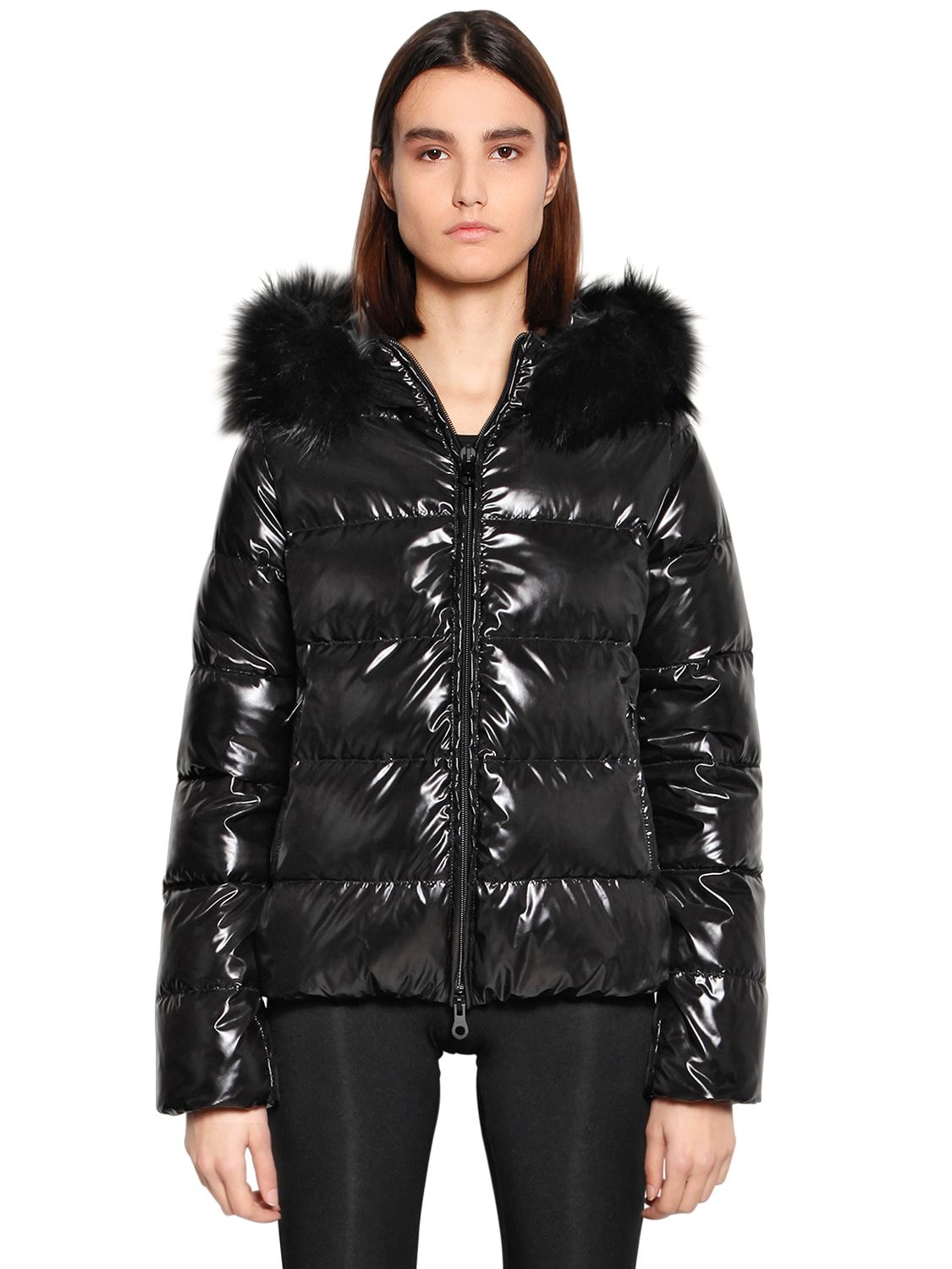 Duvetica Adhara Shiny Nylon Down Jacket W/ Fur In Black