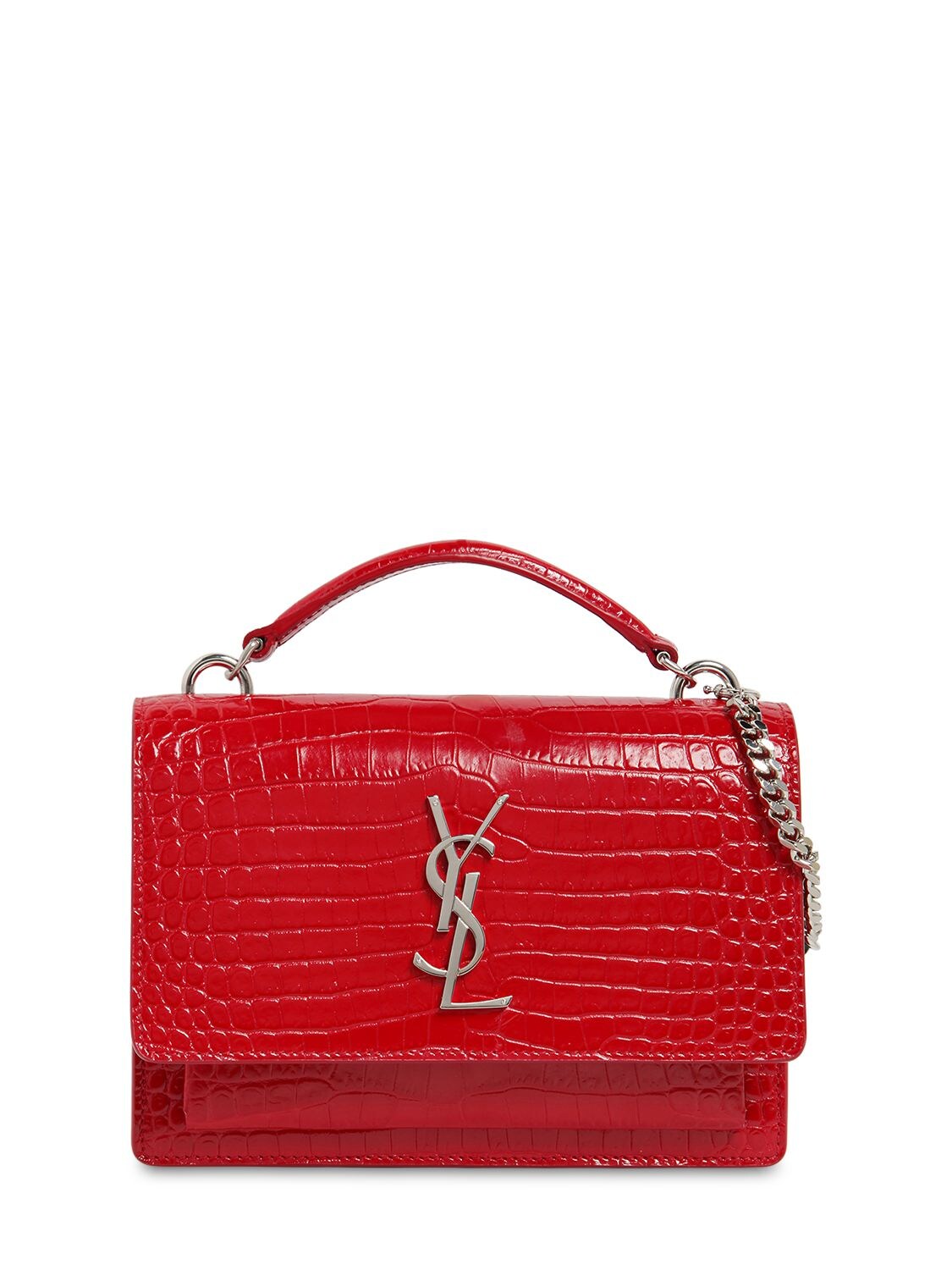 Saint Laurent Small Sunset Croc Embossed Leather Bag In Red