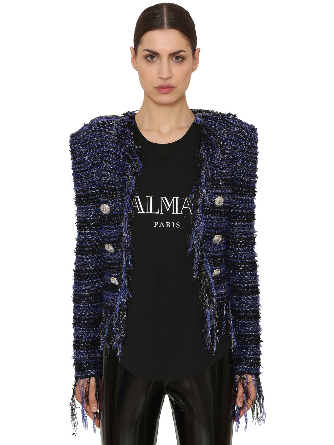 Balmain Fringed Tweed & Lurex Blazer In Black/blue