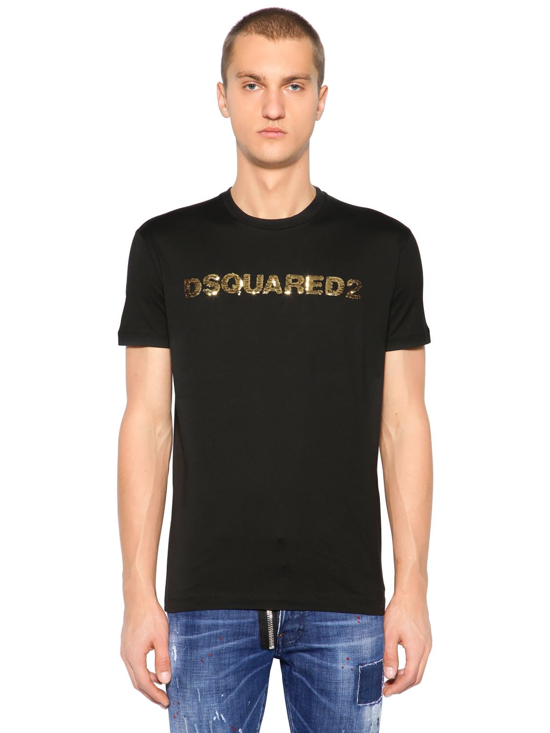 Dsquared2 Sequined Logo Cotton Jersey T-shirt In Black/gold