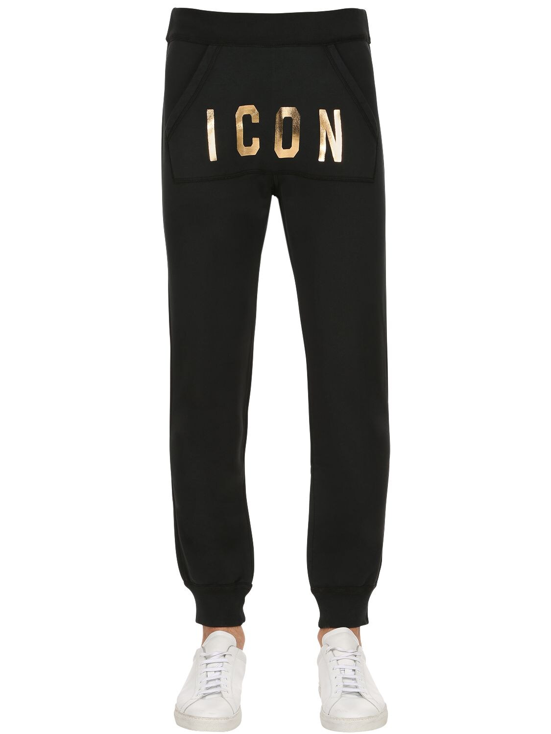 Dsquared2 Icon Printed Cotton Jersey Sweatpants In Black/gold