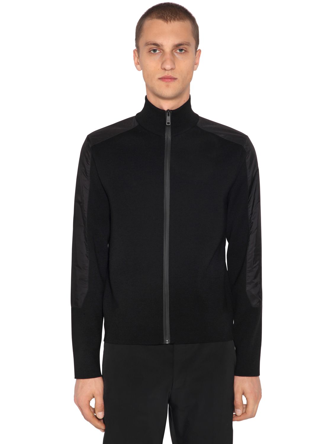 Prada Wool And Nylon Zip-up Cardigan In Black