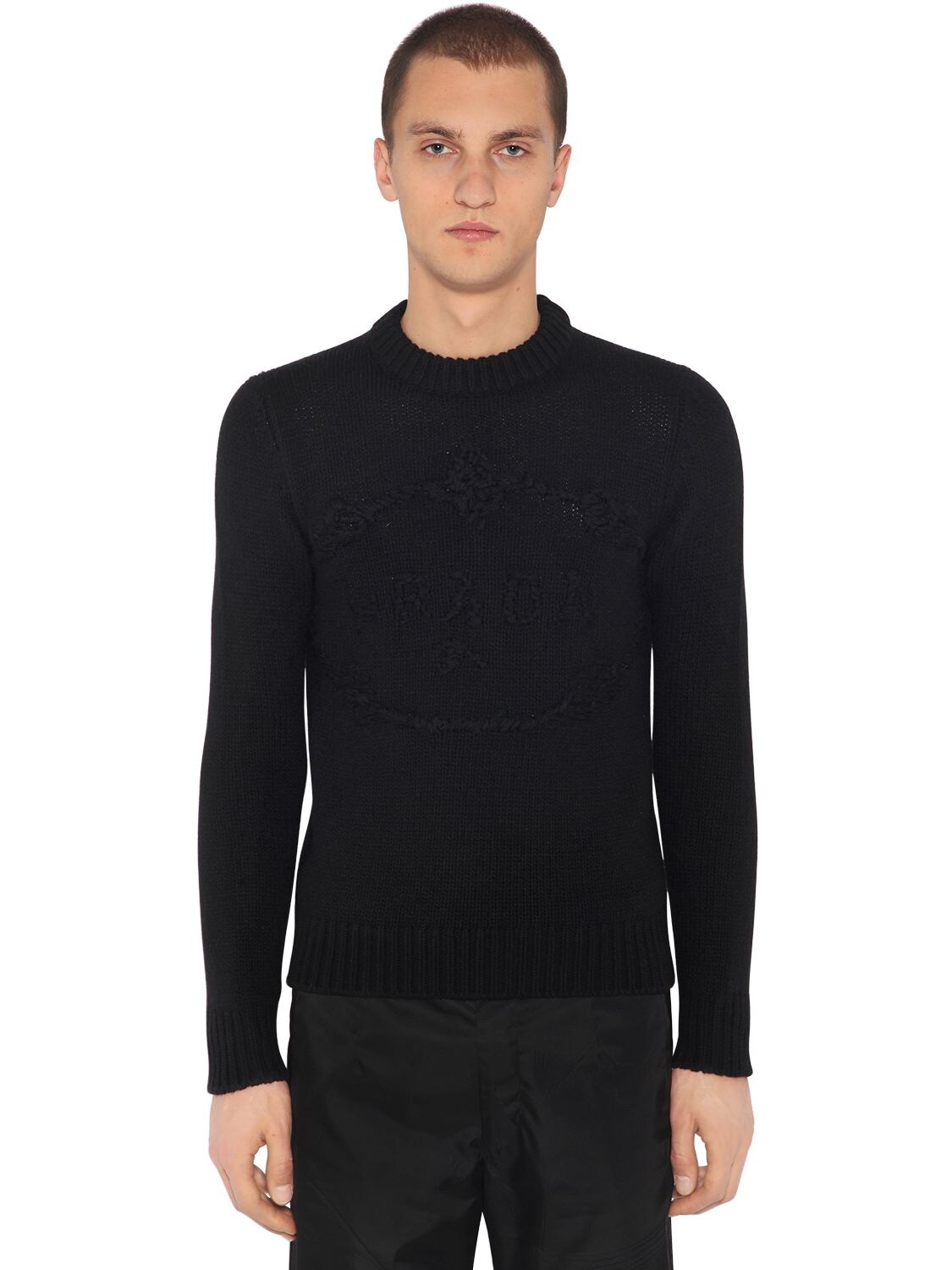 Prada Embroidered Wool & Cashmere Knit Sweater In Black