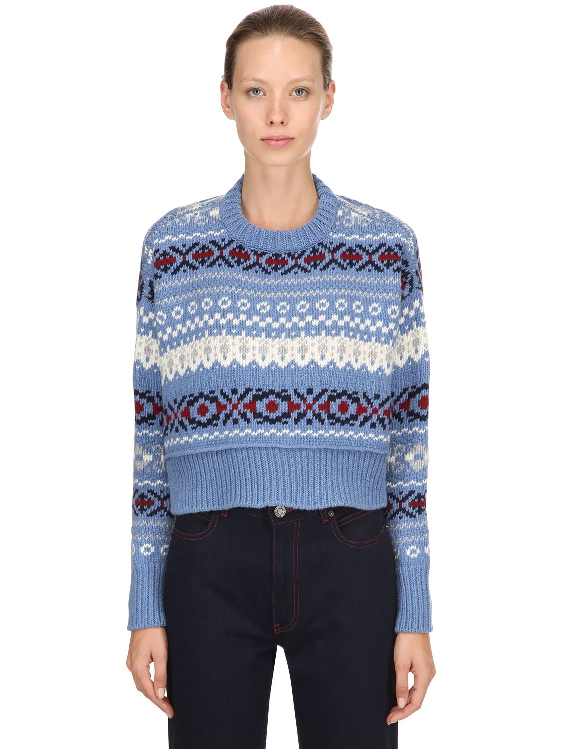 Miu Miu Wool Jacquard Cropped Sweater In Blue/multi