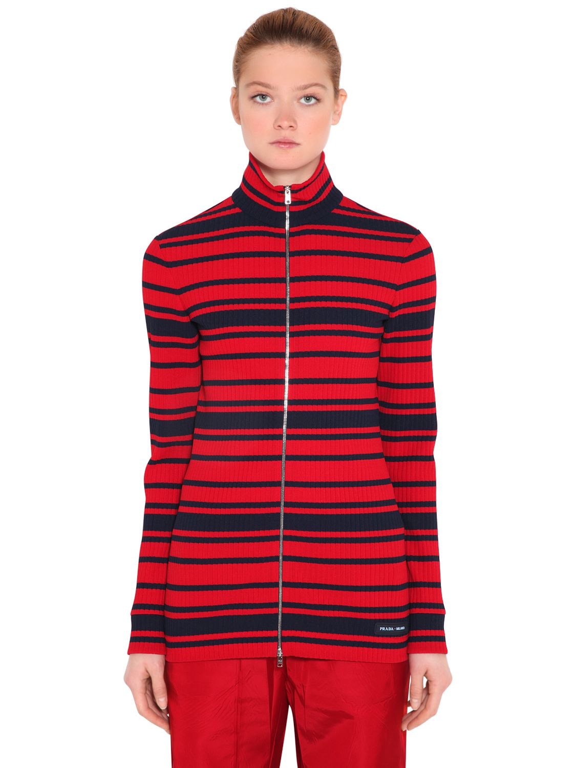 Prada Turtleneck Zip-front Long-sleeve Striped Knit Jacket In Blue,red