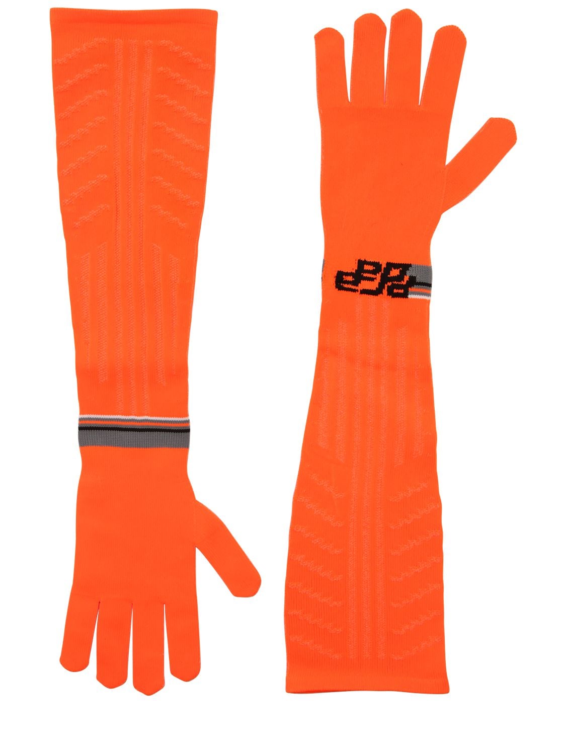 Prada Logo Intarsia Tech Knit Long Gloves In Orange