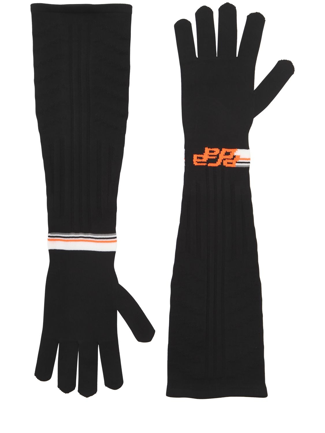 Prada Logo Intarsia Tech Knit Long Gloves In Black,orange