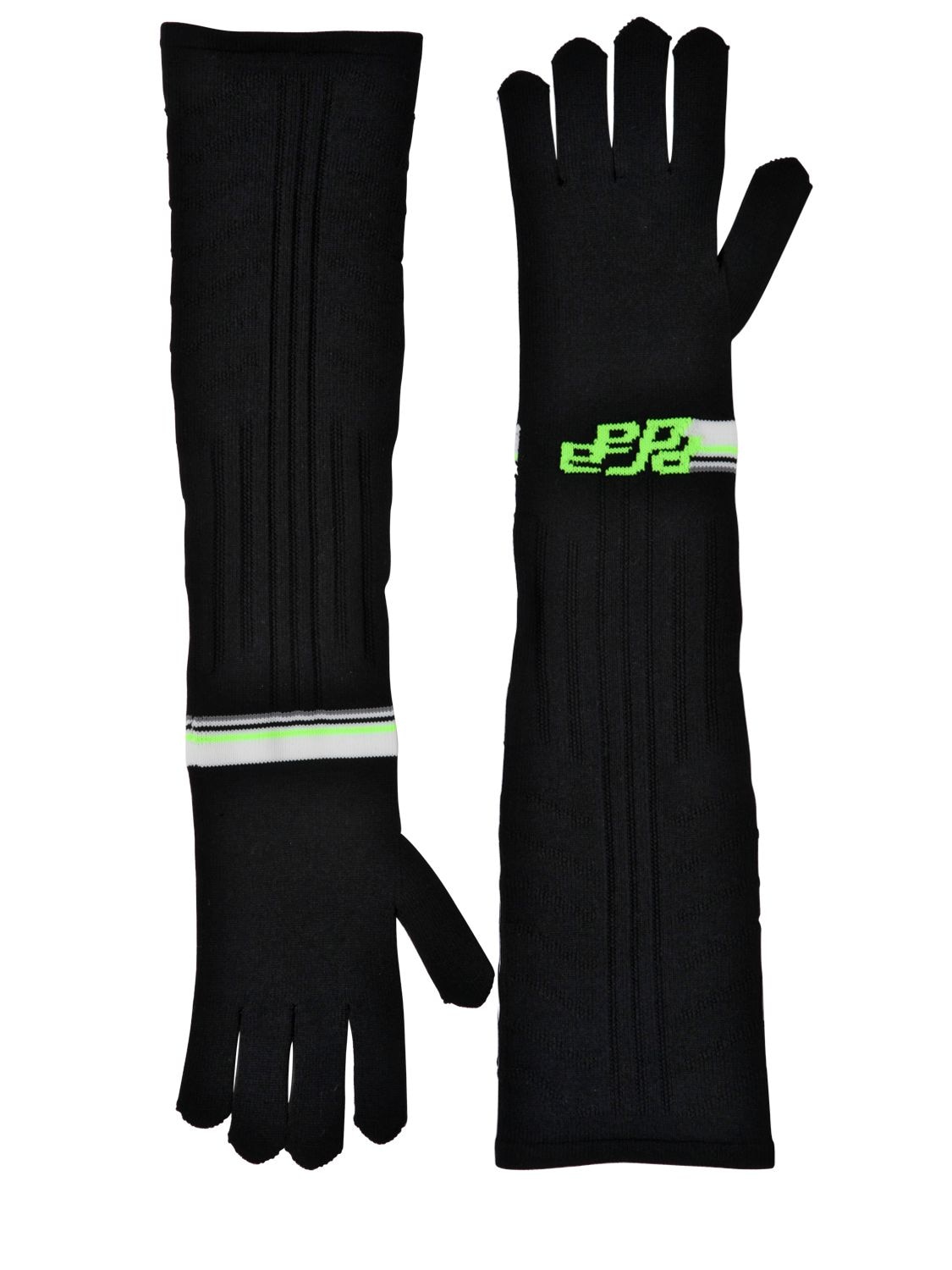 Prada Logo Intarsia Tech Knit Long Gloves In Black,green