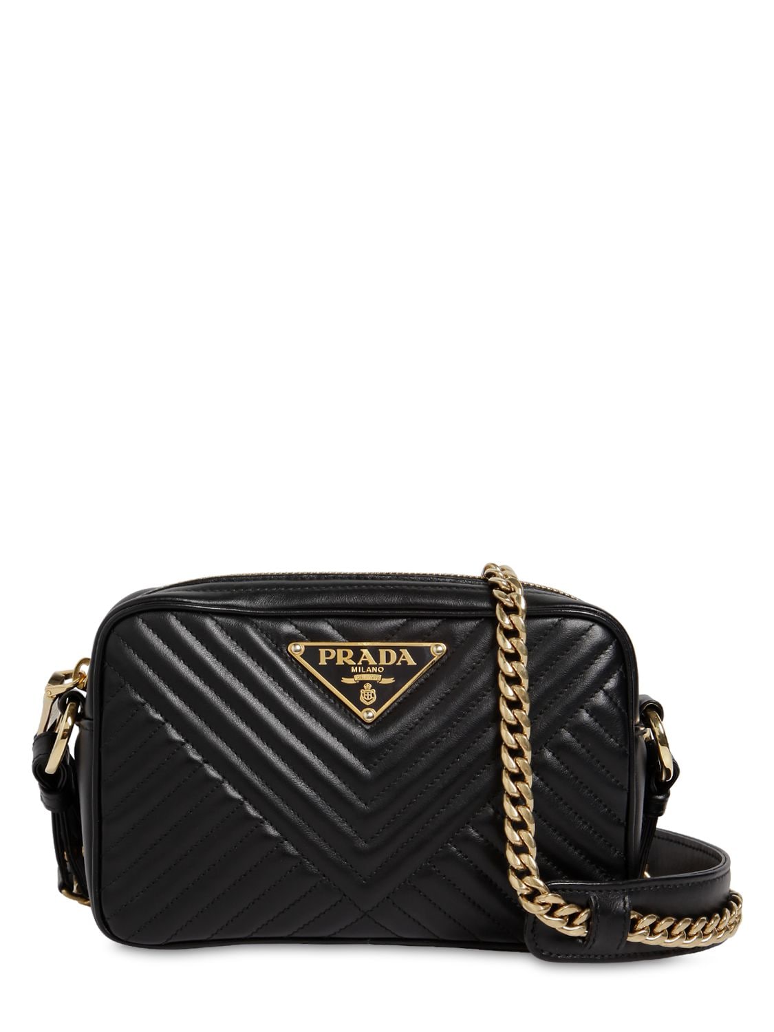 Prada Quilted Leather Triangle Logo Camera Bag In Black