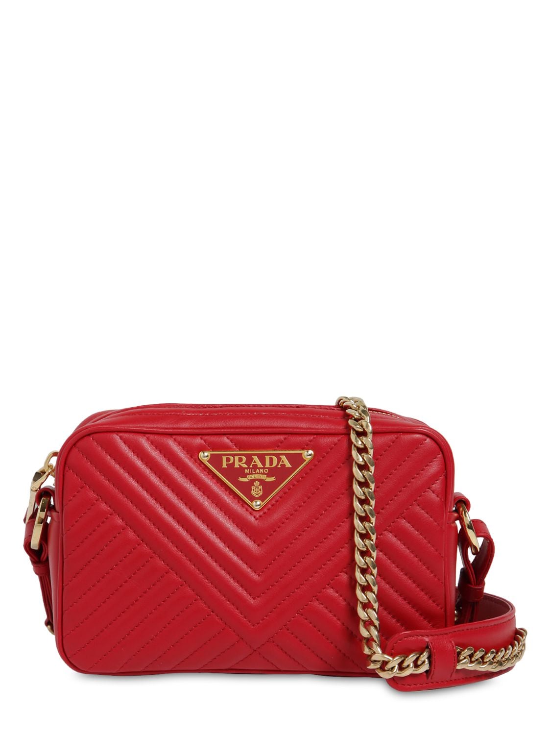 Prada Quilted Leather Triangle Logo Camera Bag In Red
