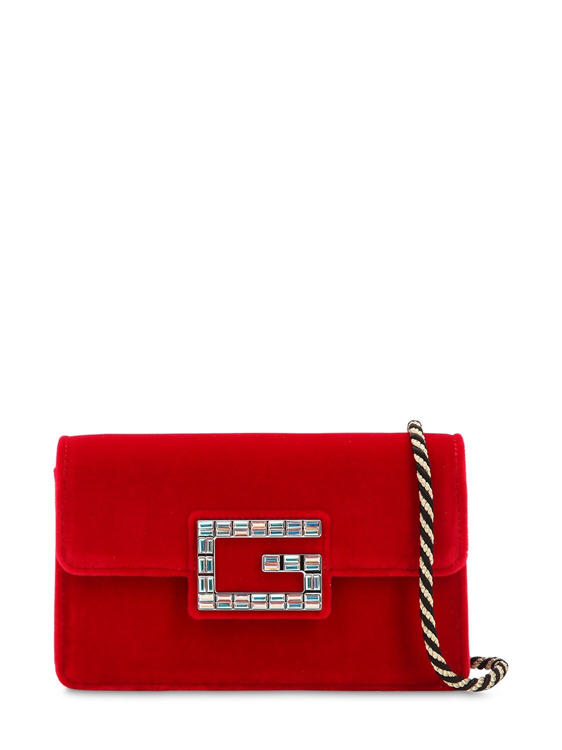 Gucci Broadway Crystal G Velvet Shoulder Bag In Red