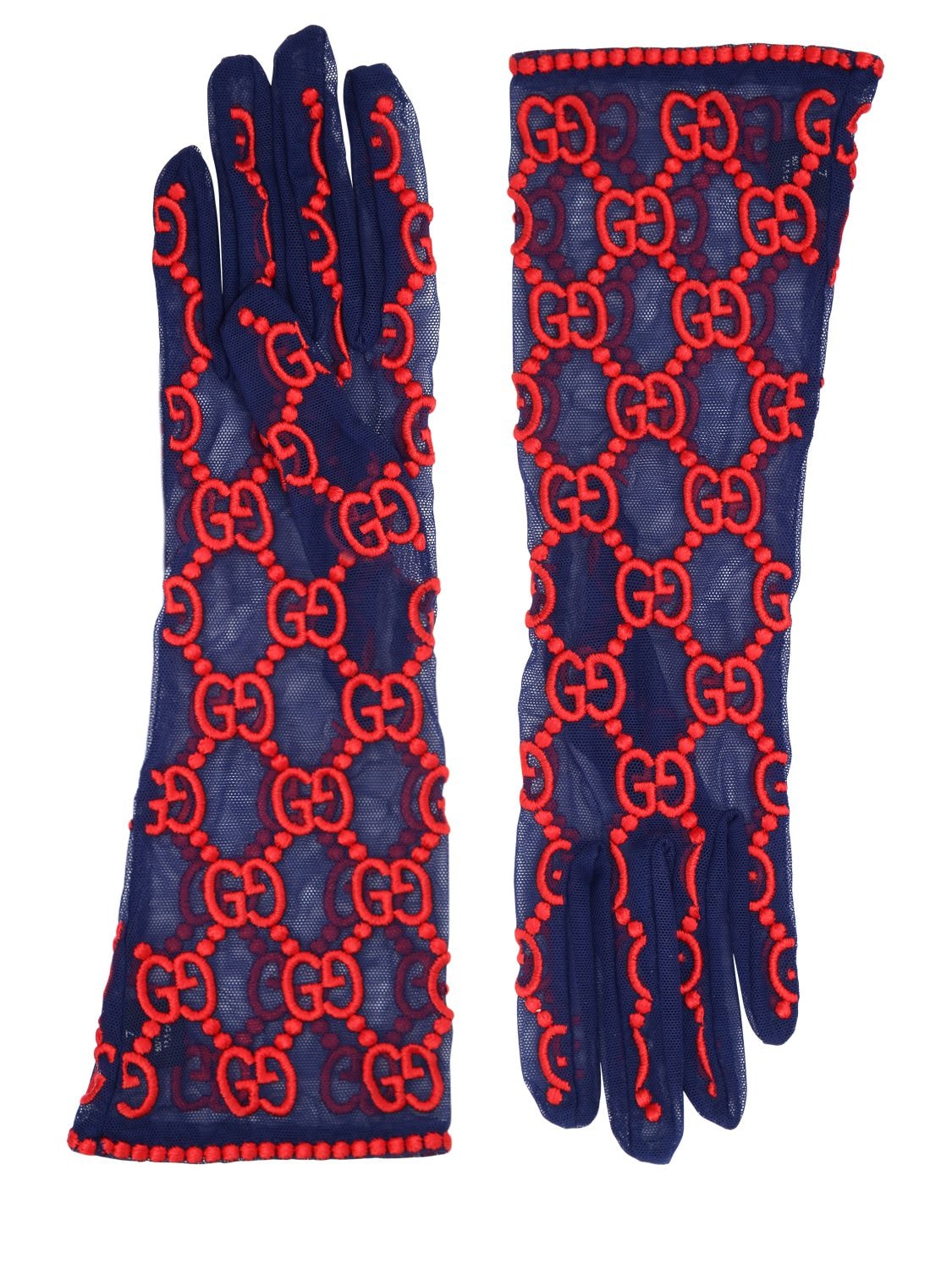 Gucci Gg Supreme Embroidered Tulle Gloves In Blue,red