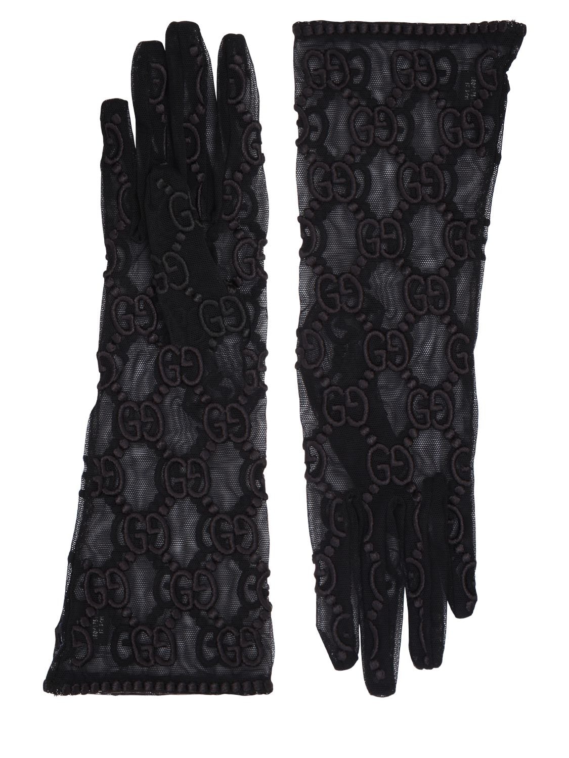 Gucci Gg Supreme Embroidered Tulle Gloves In Black