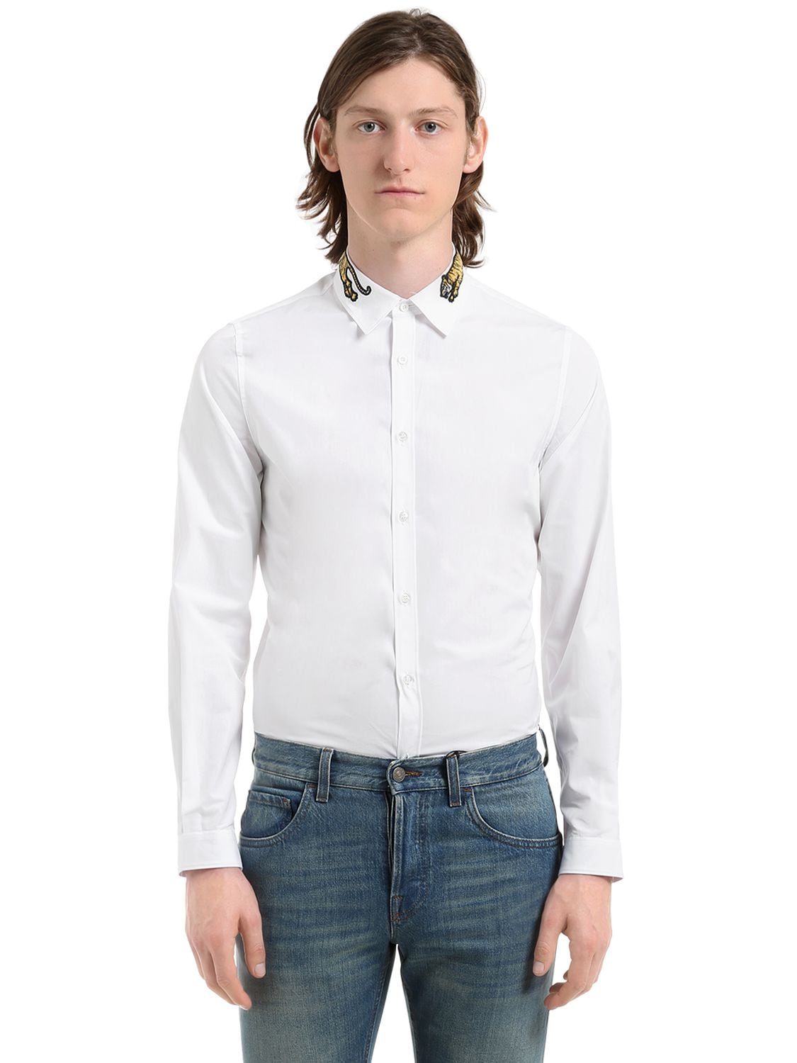 Gucci Tiger Collar Cotton Poplin Shirt In White