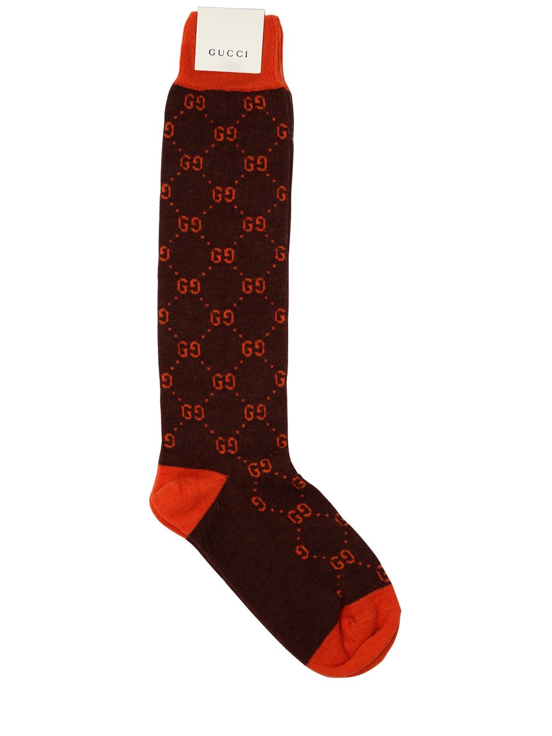 Gucci Gg Logo羊毛混纺针织袜子 In Brown,orange