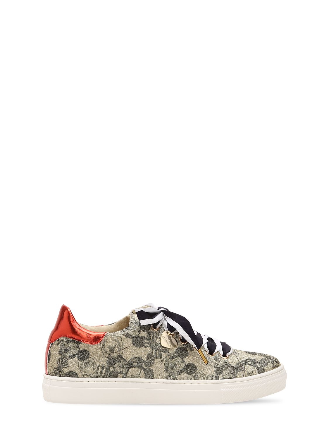 Monnalisa Kids' Mickey Mouse Print Faux Leather Sneakers In Gold | ModeSens