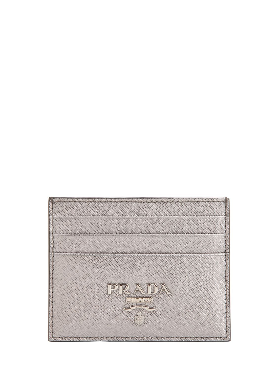 Prada Saffiano Metallic Leather Card Holder In Silver