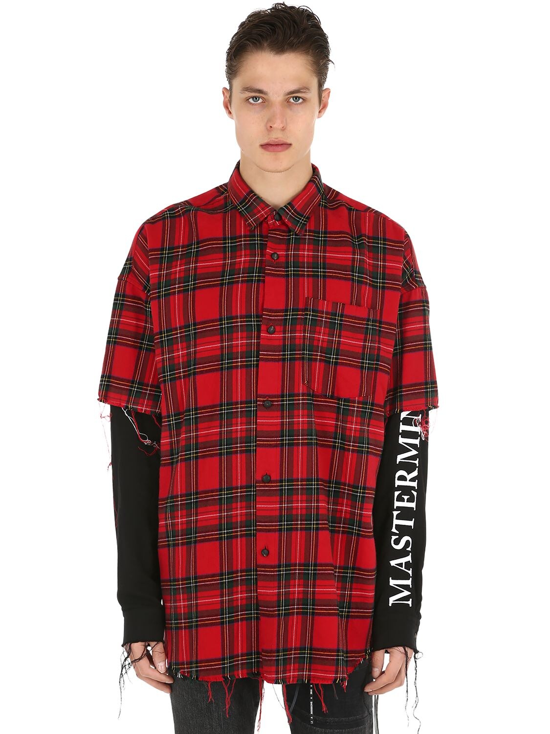 Mastermind Japan Layered Raw Cut Plaid Flannel Shirt In Red,black