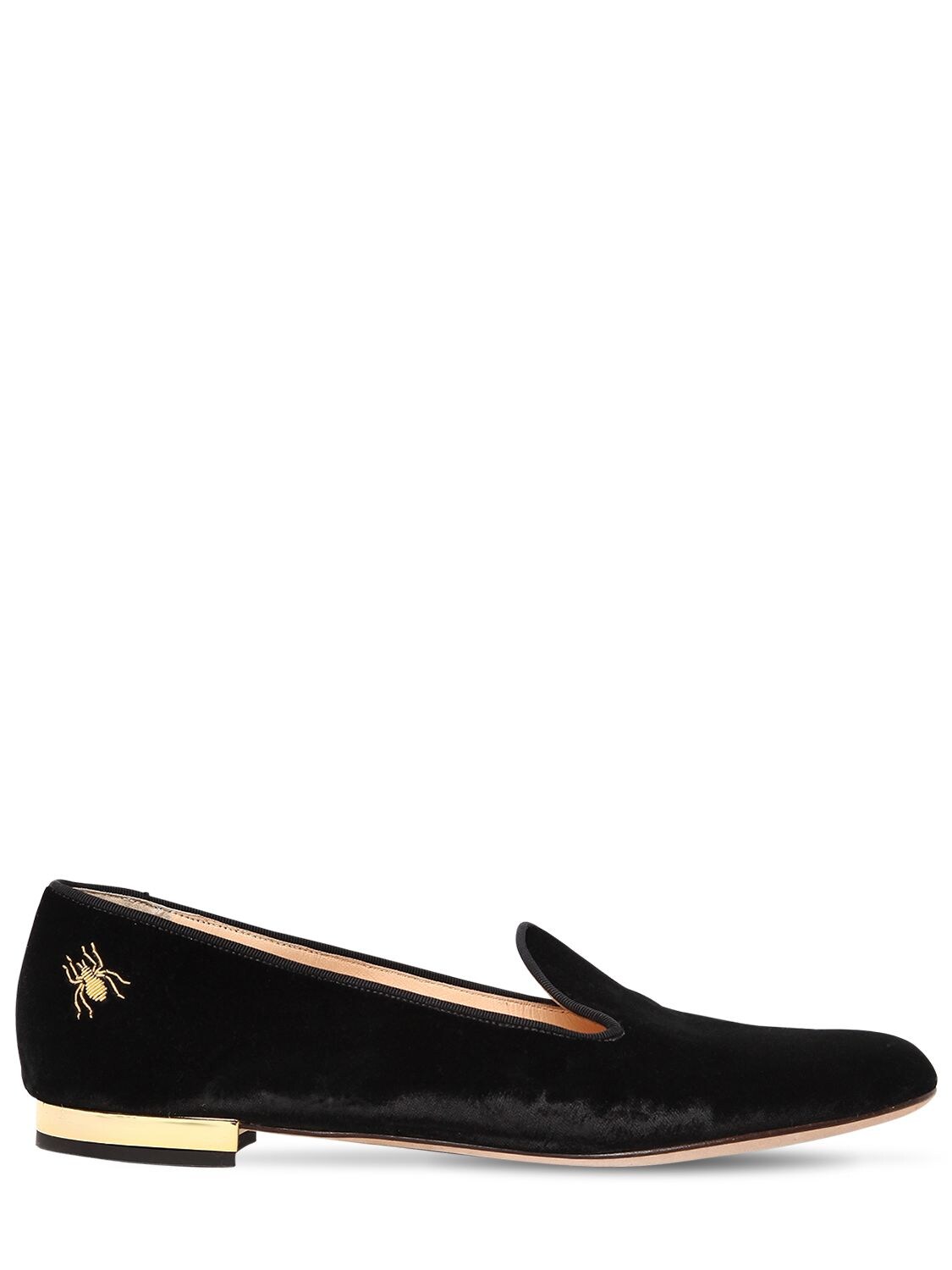 CHARLOTTE OLYMPIA 10MM LOGO DETAIL VELVET LOAFERS,68IL5A003