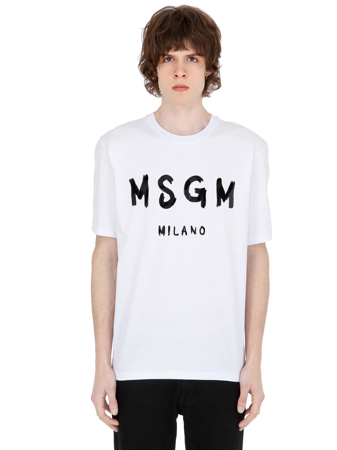Msgm Vinyl Logo Print Cotton Jersey T-shirt In White,black