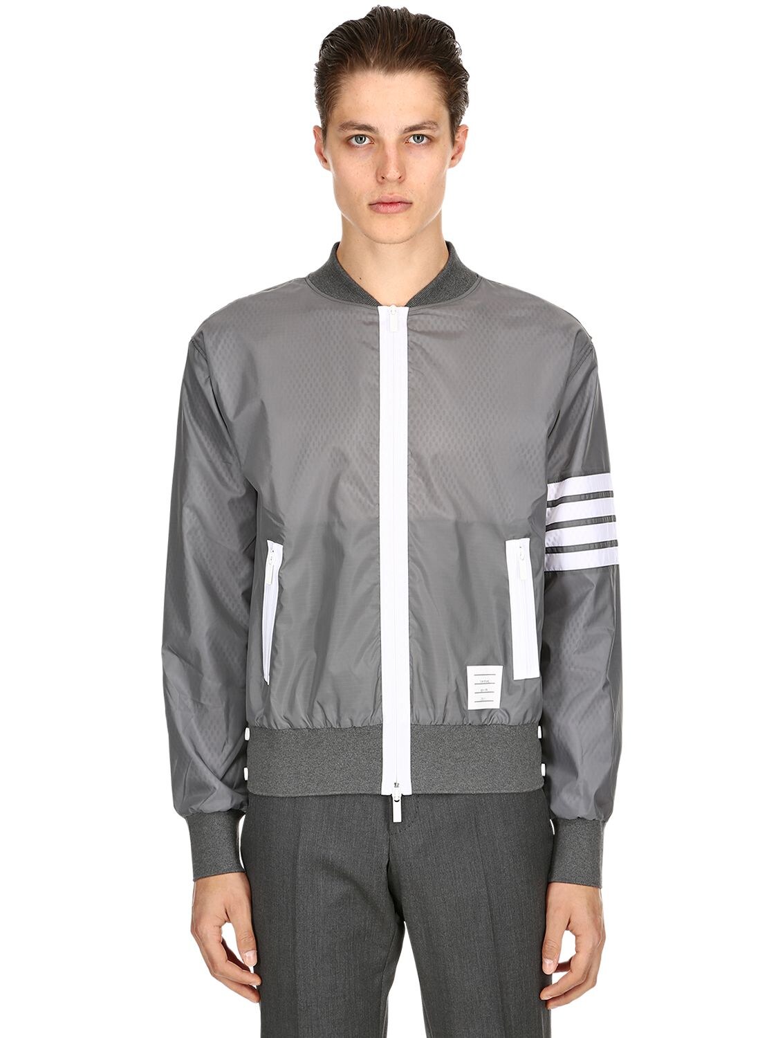 Thom Browne Zip-up Lightweight Nylon Bomber Jacket In Med Grey