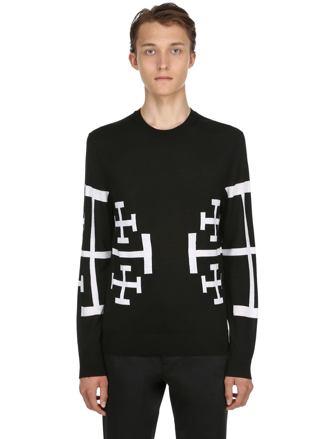 Neil Barrett Stars Jacquard Wool Knit Sweater In Black,white