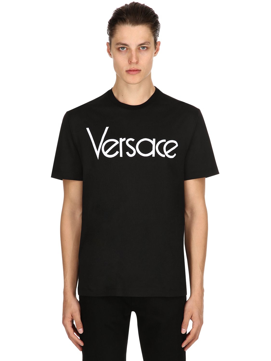 VERSACE LOGO EMBROIDERED JERSEY T-SHIRT,68ILEC042-QTk5Qw2