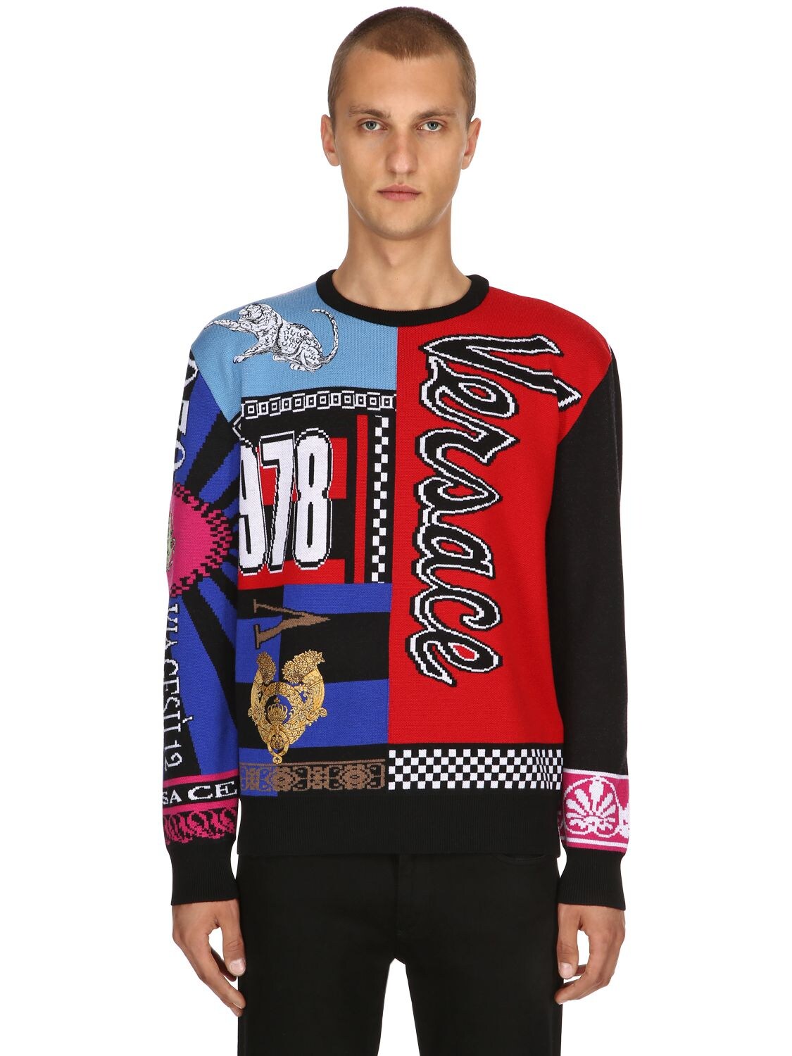 VERSACE FOOTBALL WOOL JACQUARD SWEATER,68ILEC050-QTkwMVk1