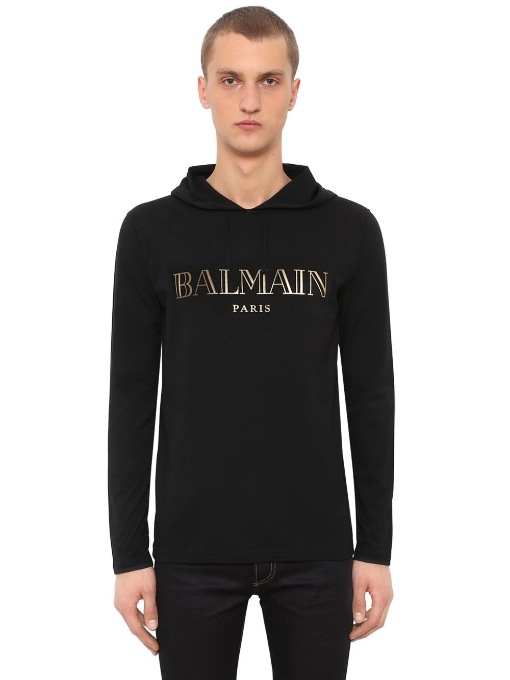 Balmain Printed Hooded Cotton Jersey T-shirt In Black,gold