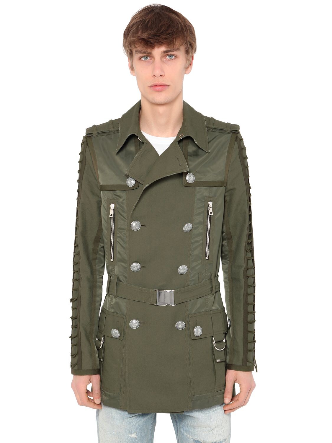 Balmain Double Breasted Cotton Blend Trench Coat In Army Green