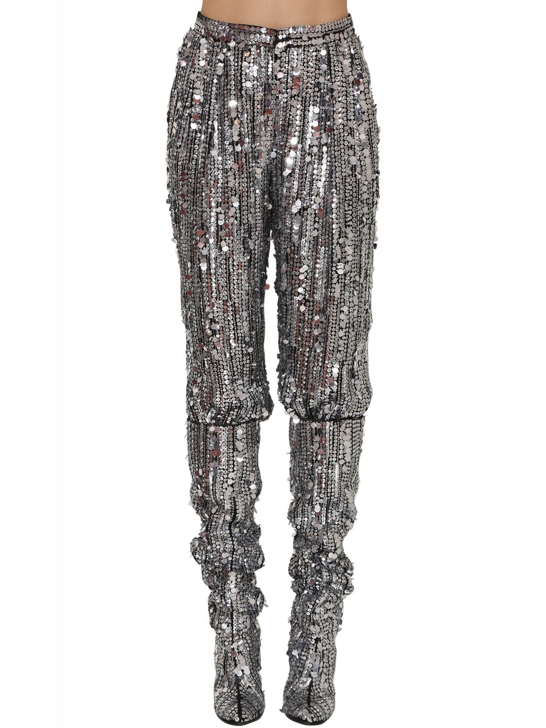 Alberta Ferretti High Waisted Sequined Pants In Silver