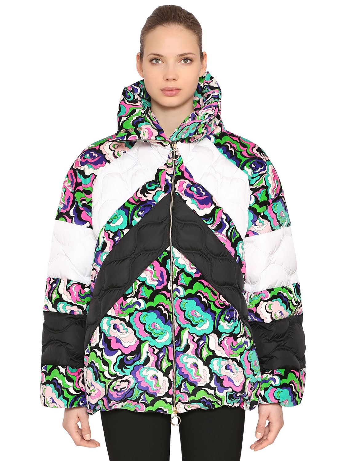 Floral Print Nylon & Velvet Down Jacket
