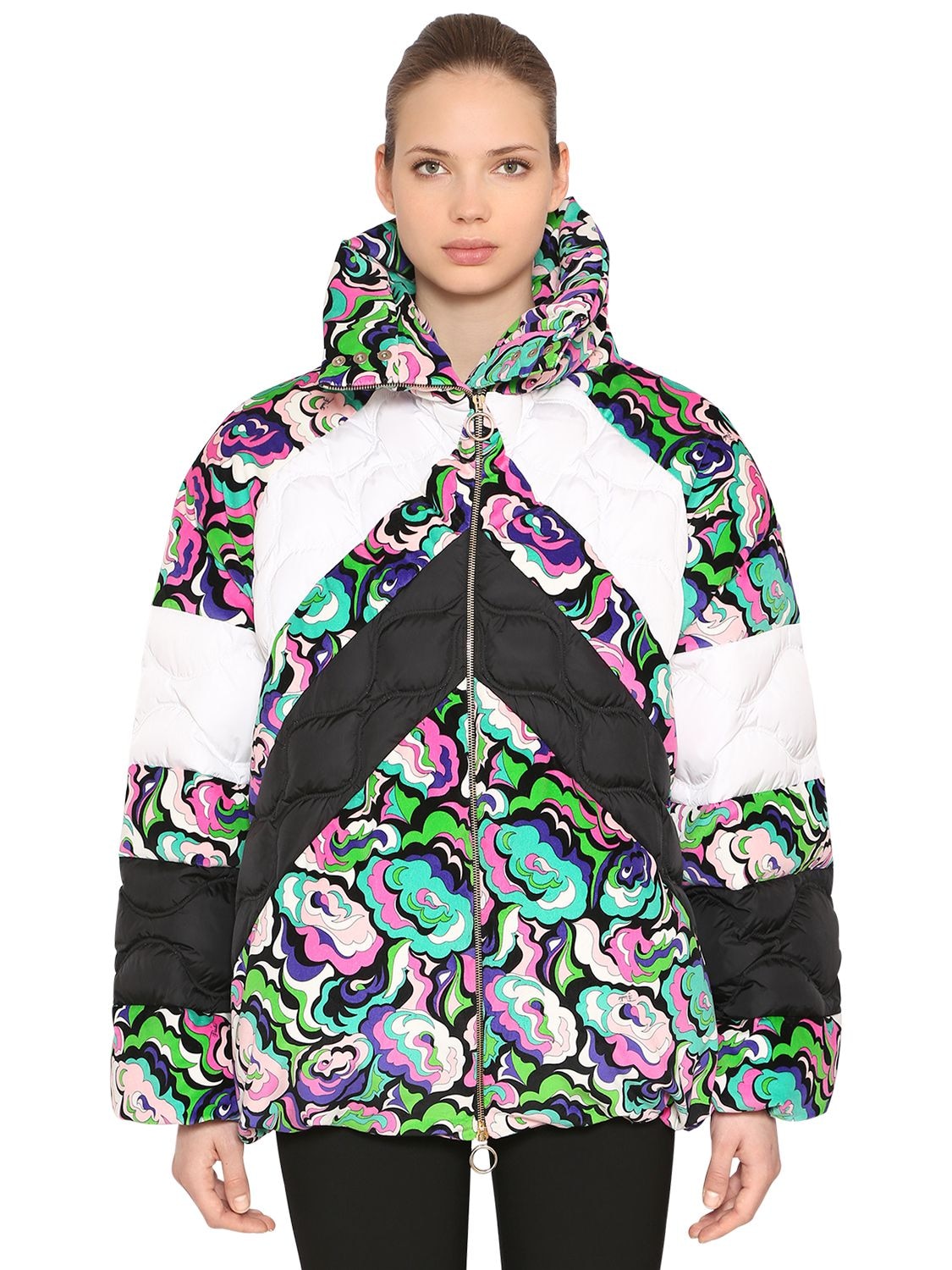 EMILIO PUCCI FLORAL PRINT NYLON & VELVET DOWN JACKET,68IM5T028-MDA50