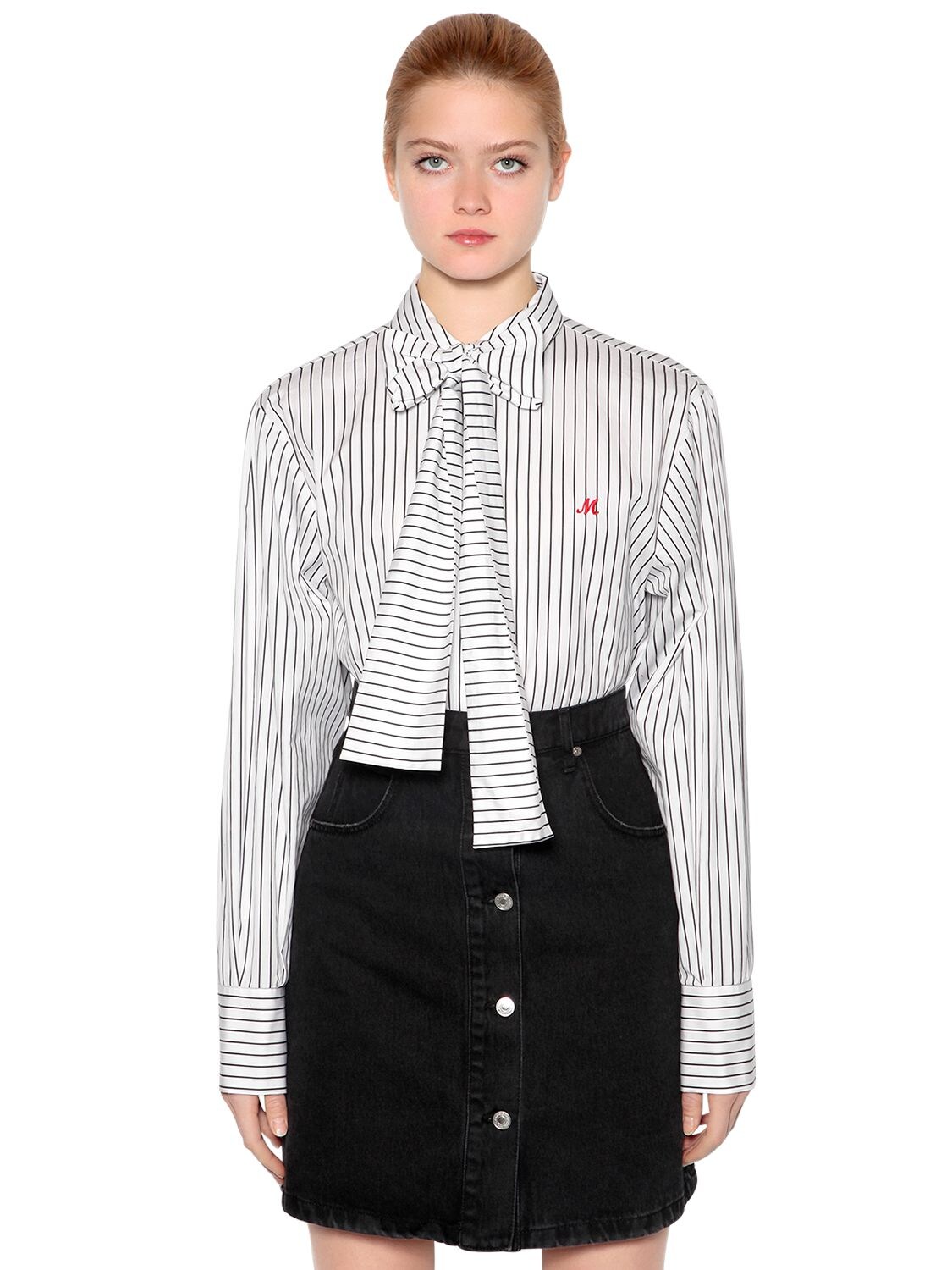 Msgm Striped Cotton Poplin Shirt W/ Bow In White/black