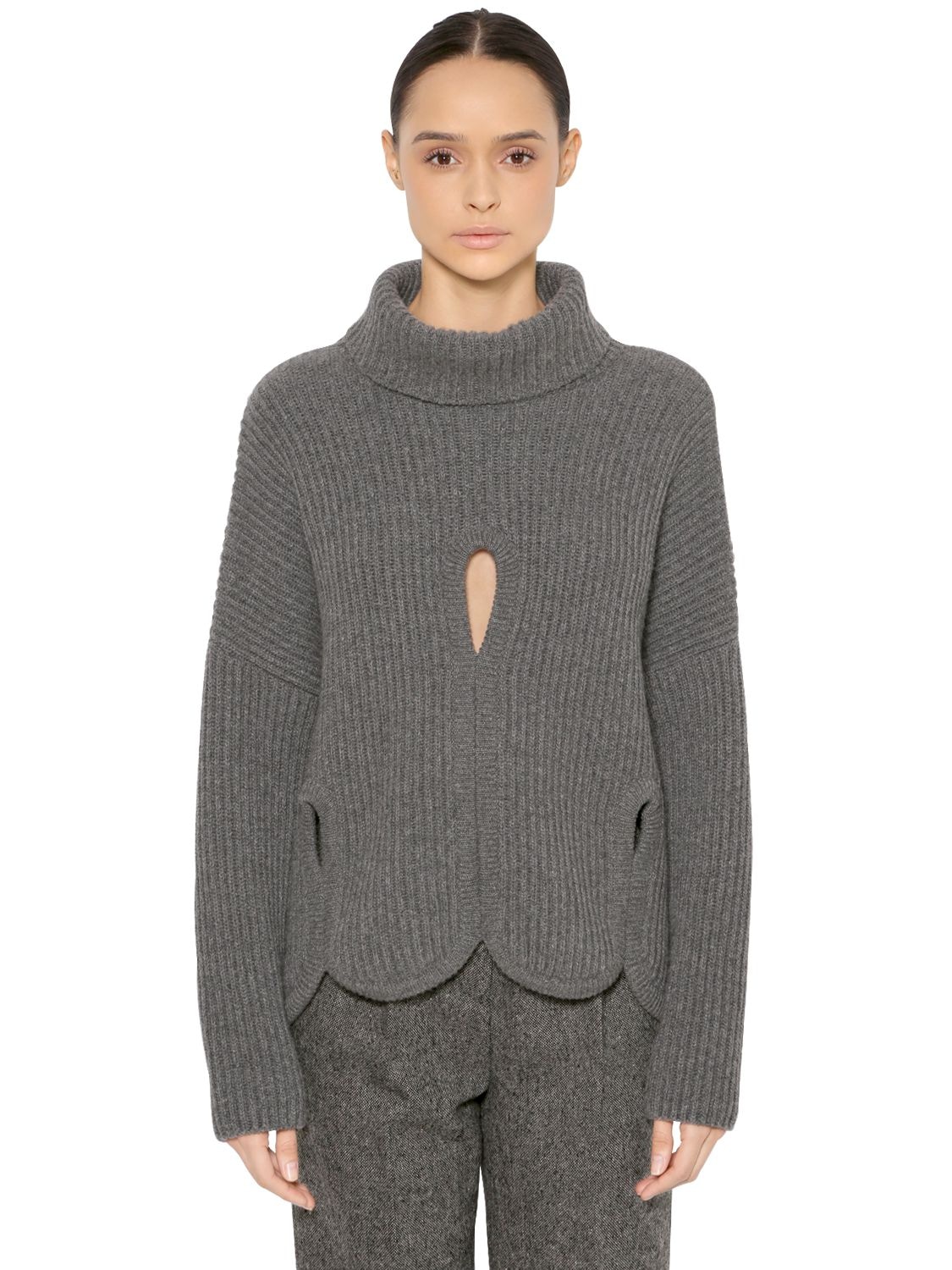 Antonio Berardi Wool Turtleneck Sweater W/ Cutouts In Grey