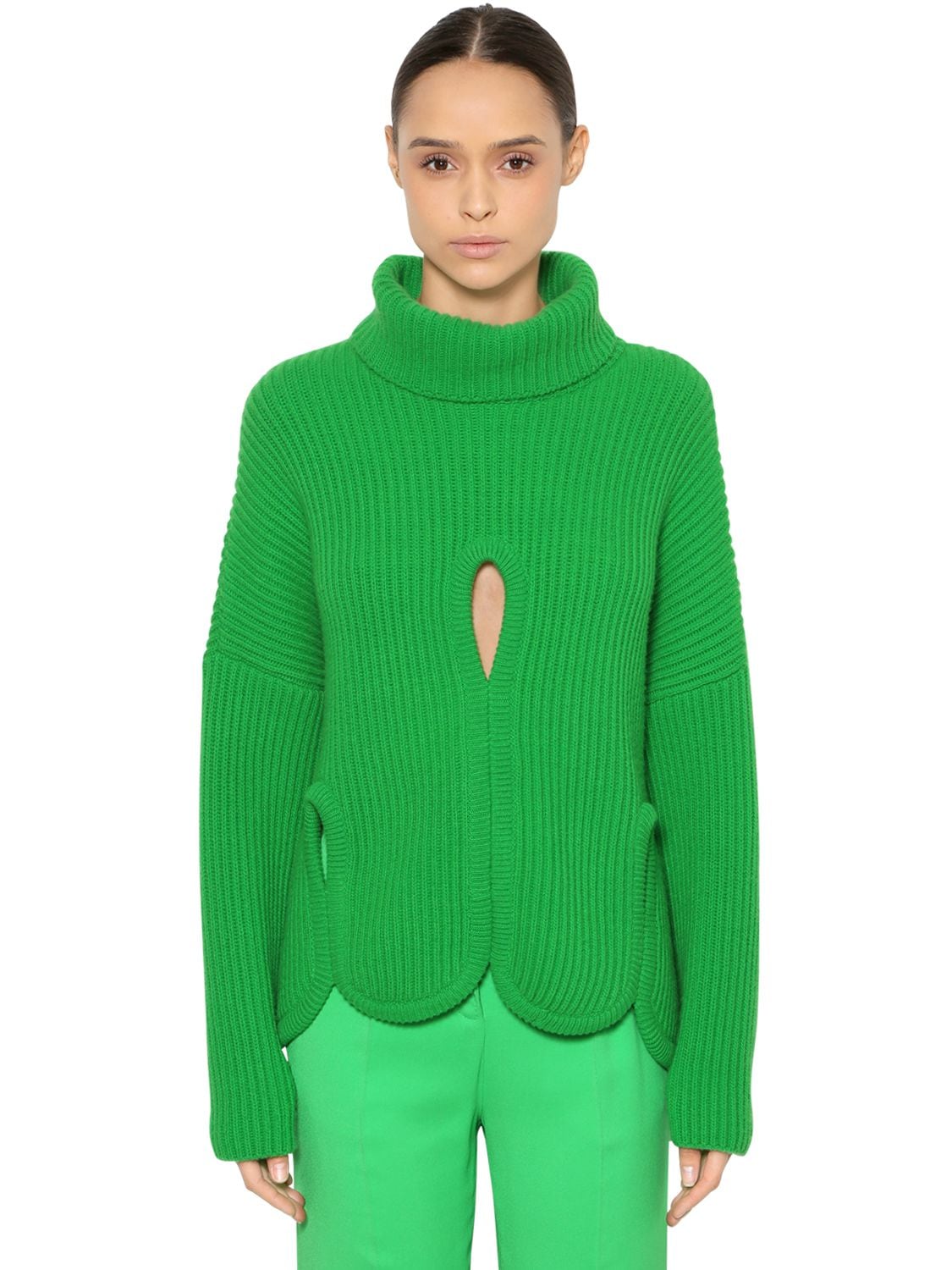 Antonio Berardi Wool Turtleneck Sweater W/ Cutouts In Green