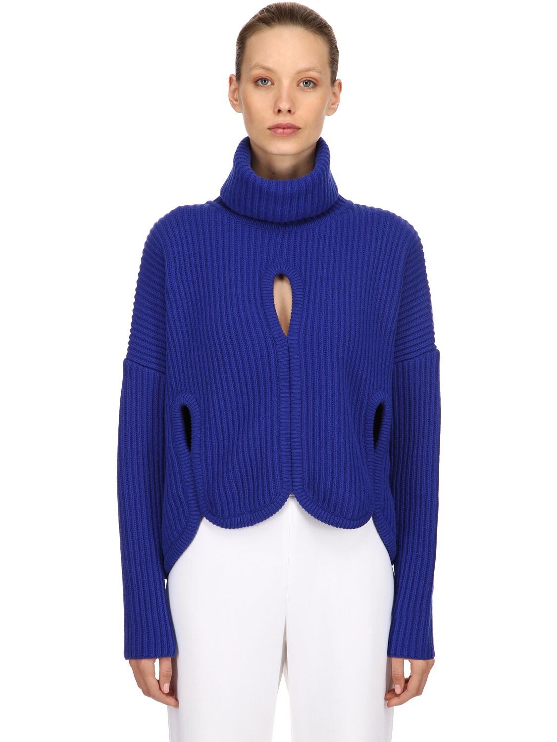 Antonio Berardi Wool Turtleneck Sweater W/ Cutouts In Blue