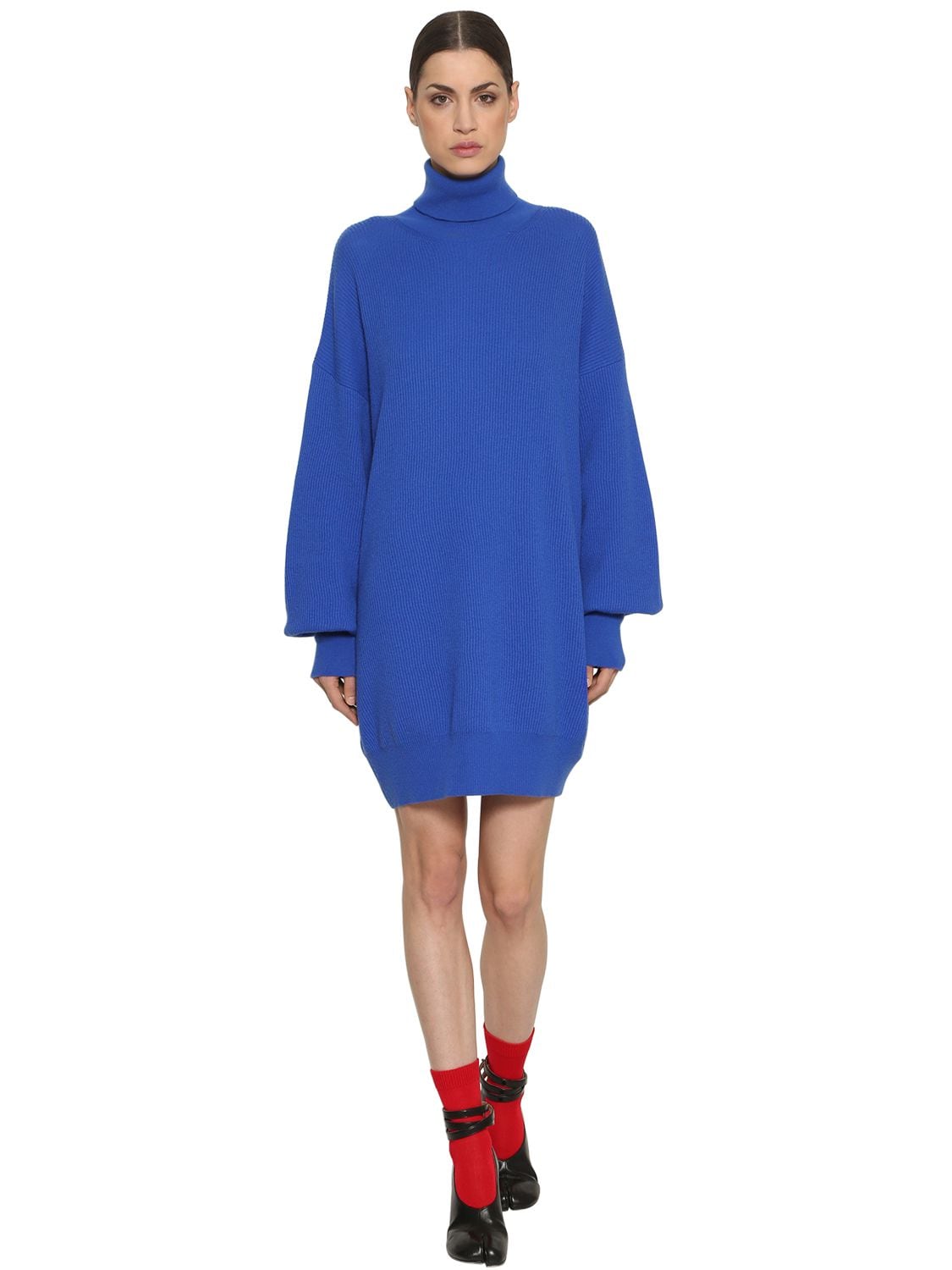 Maison Margiela Turtleneck Mohair Rib Knit Sweater Dress In Blue