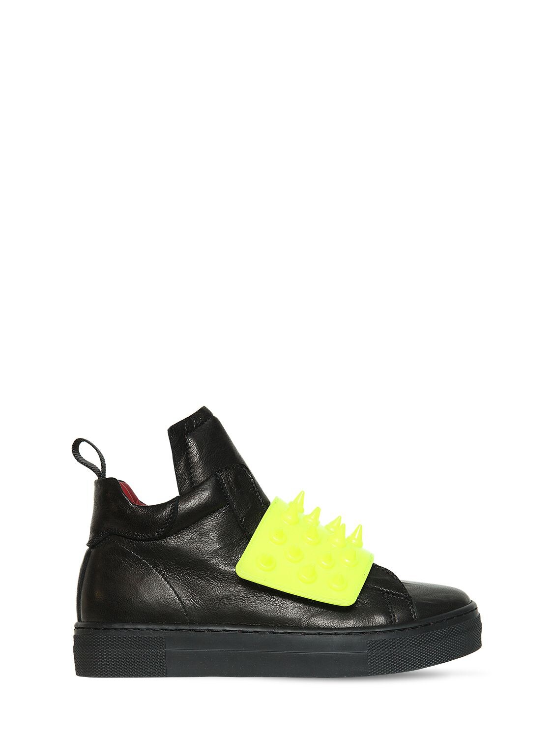 Am 66 Kids' Spiked Leather High Top Trainers In Black,yellow