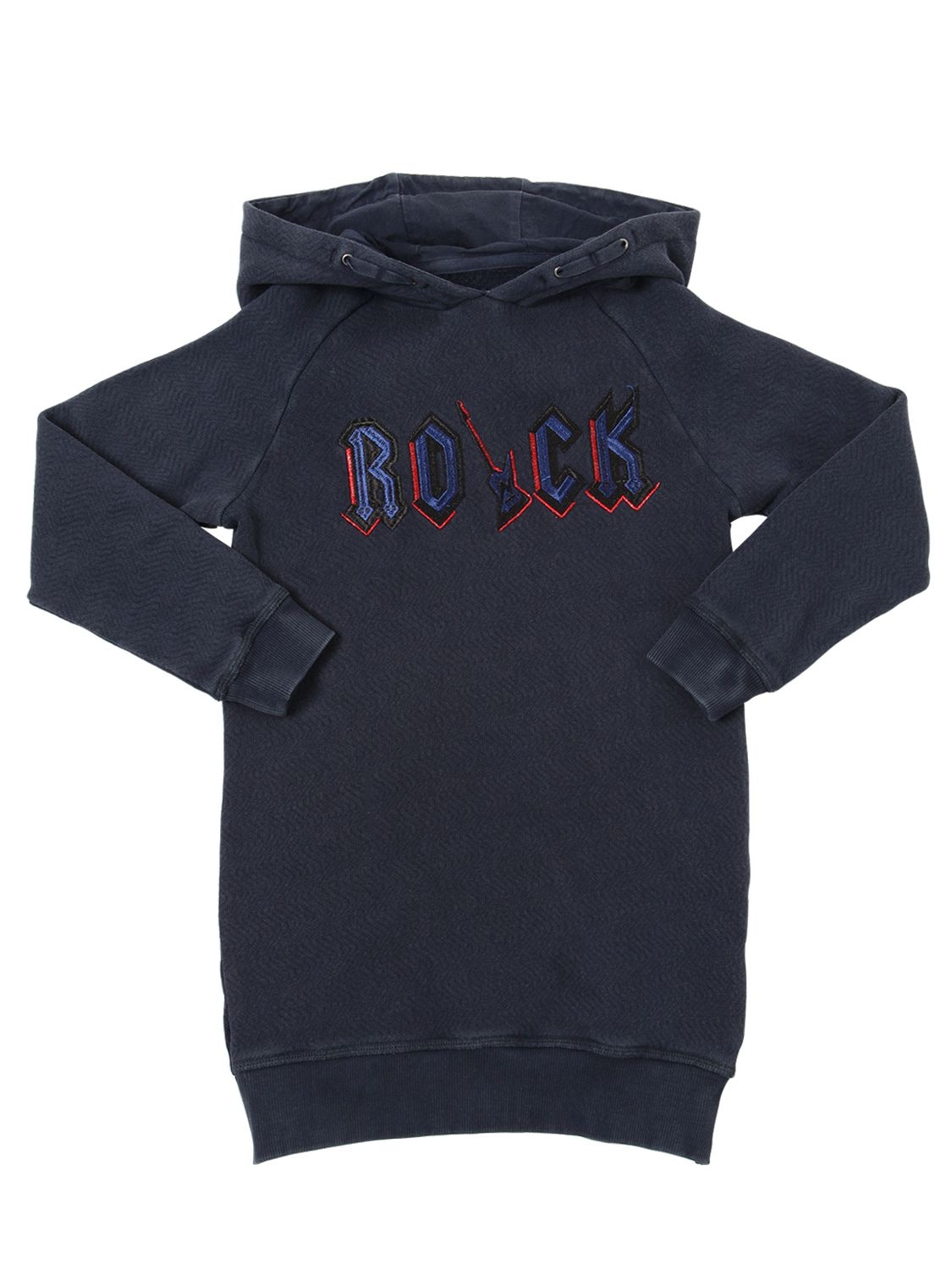 Non-detachable hood. Long raglan sleeves. Ribbed cuffs and hem. Embroidered front panel. Unlined. Je