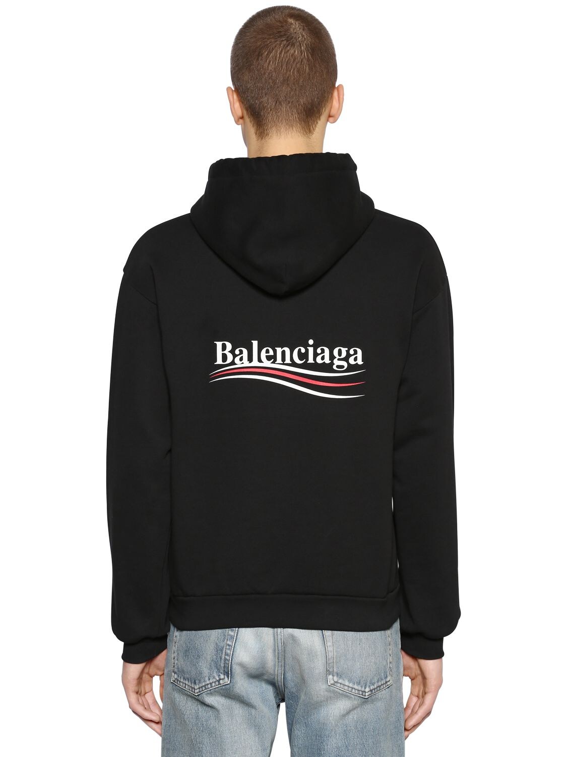 BALENCIAGA POLITICAL LOGO HOODED COTTON SWEATSHIRT,68IOFW018-MTAwMA2