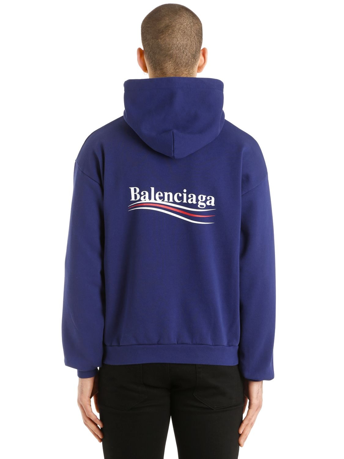 Balenciaga Political Logo Hooded Cotton Sweatshirt In Blue