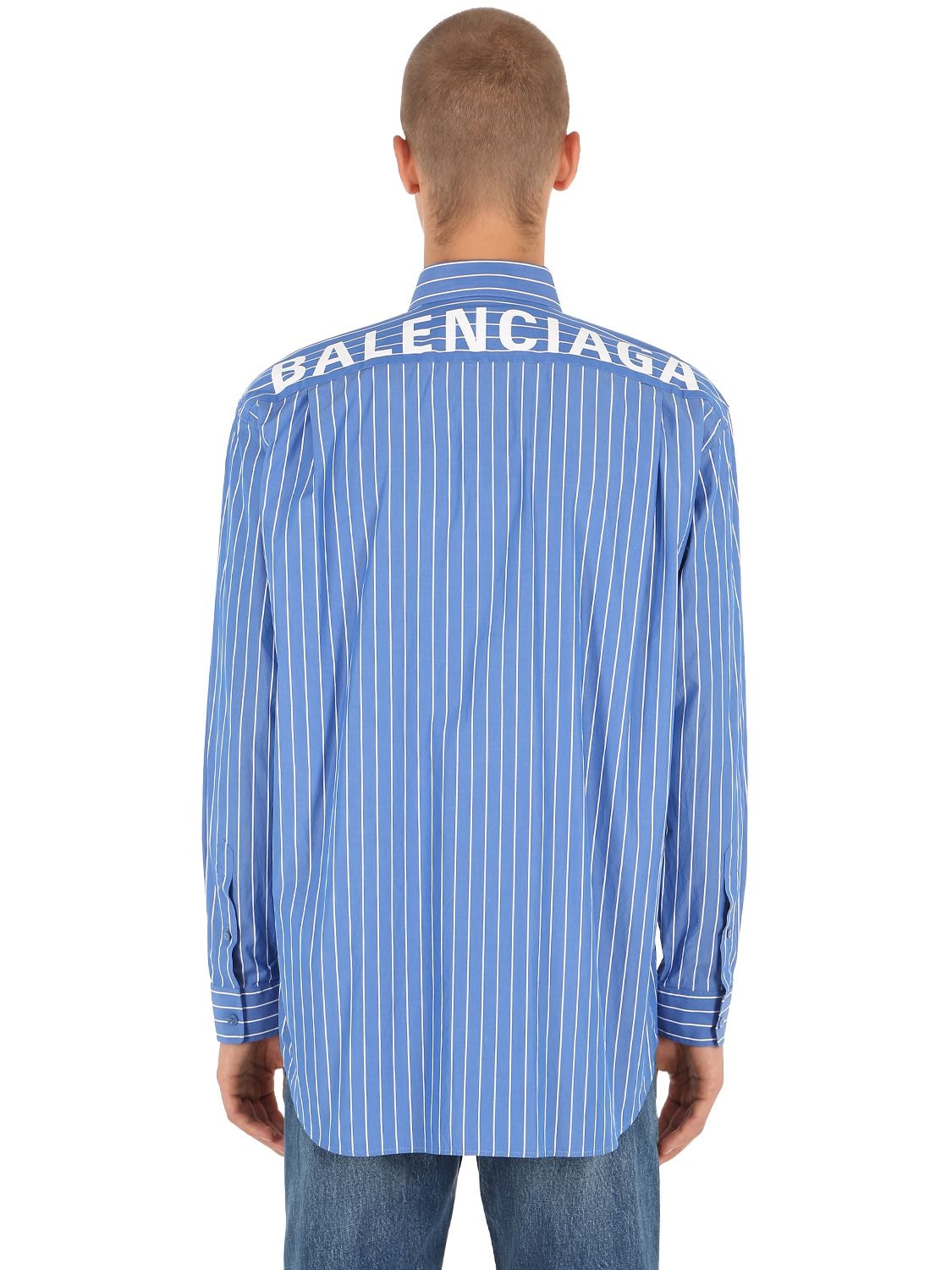 Balenciaga Logo Printed Striped Cotton Shirt In Blue/white