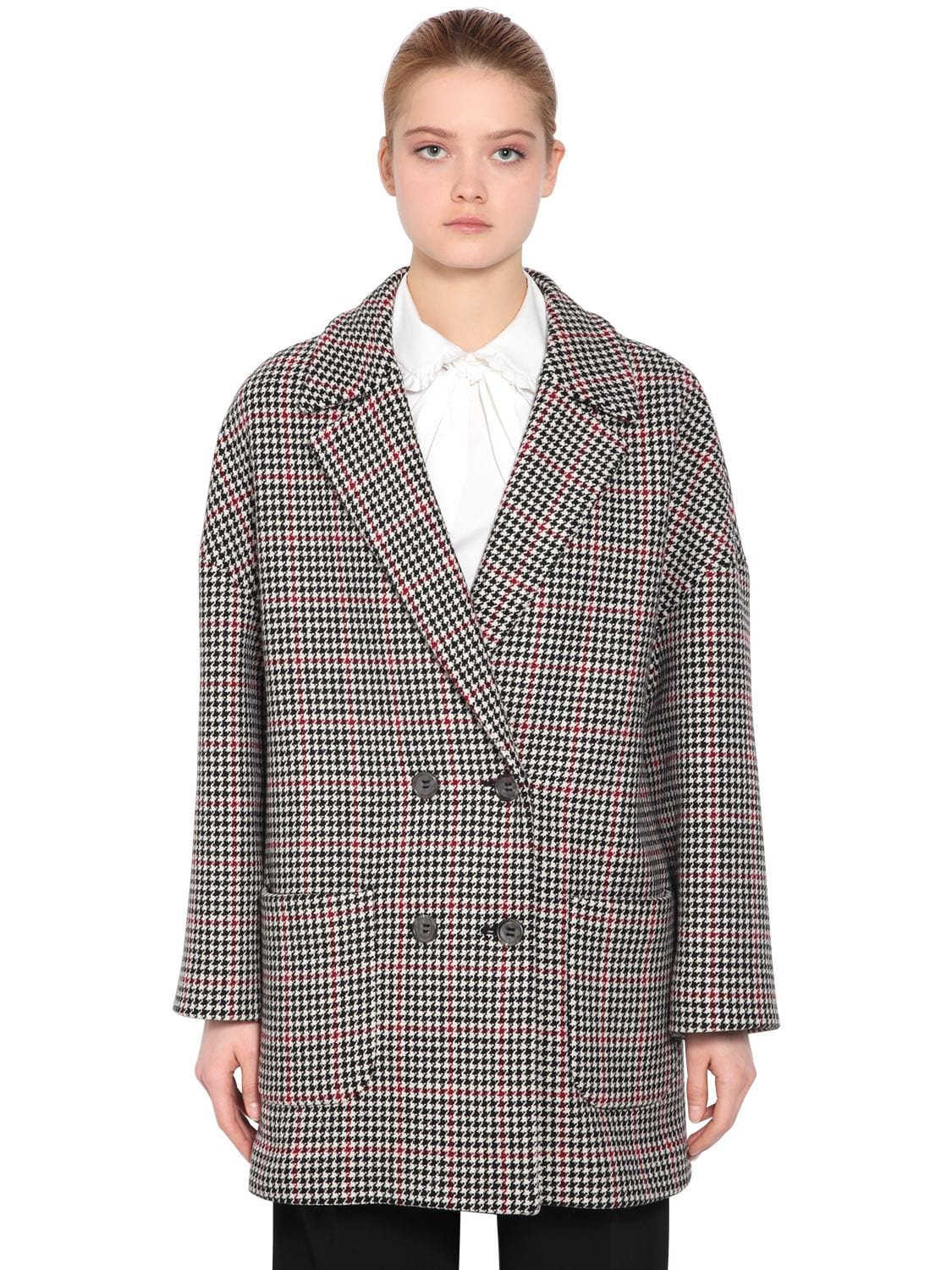 RED VALENTINO DOUBLE BREASTED WOOL HOUNDSTOOTH COAT,68IP25007-ME5P0
