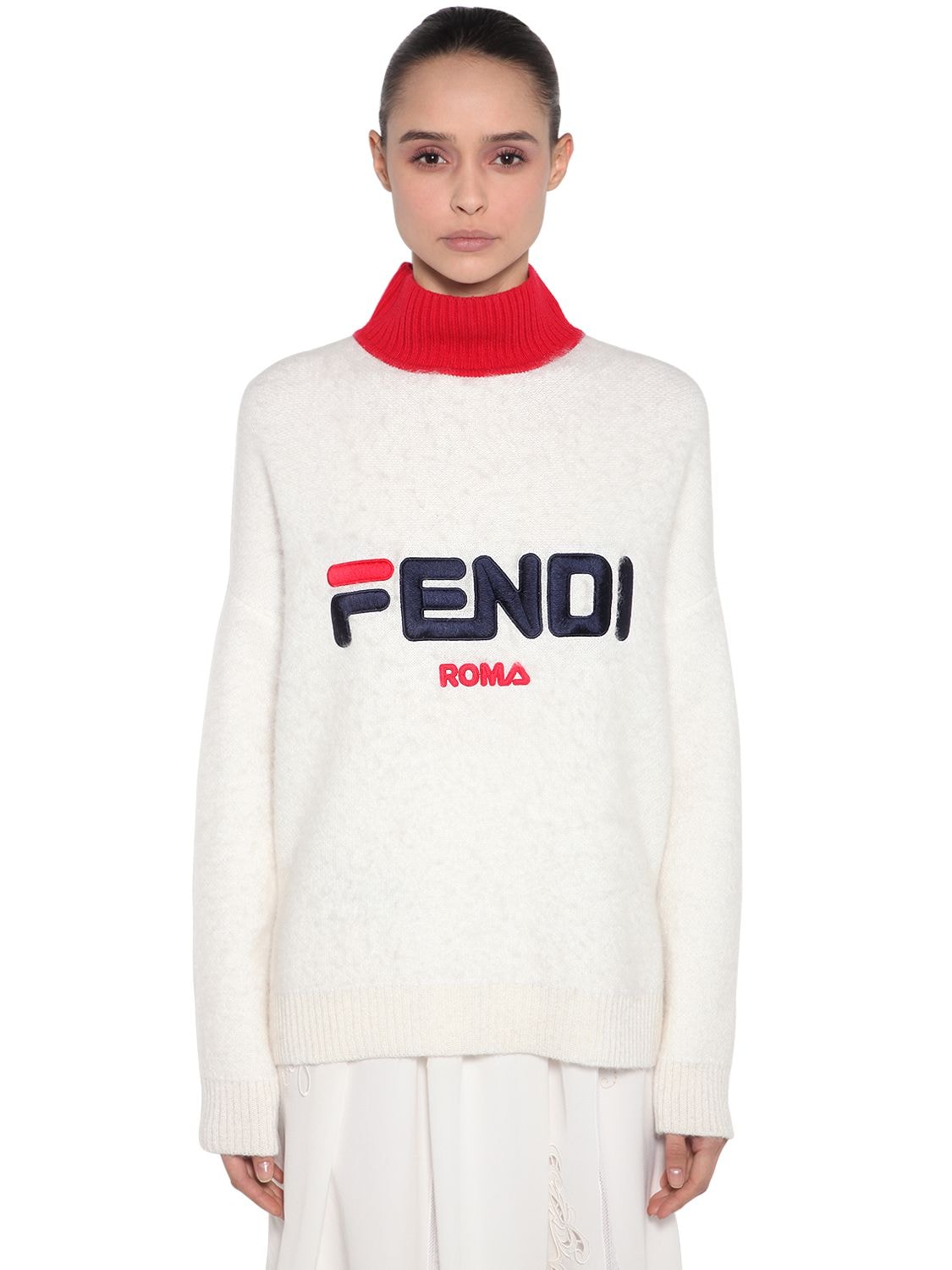 Fendi Logo廓形马海毛针织毛衣 In White