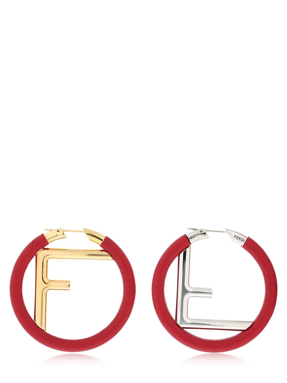 Fendi Logo Nappa Leather Hoop Earrings In Red