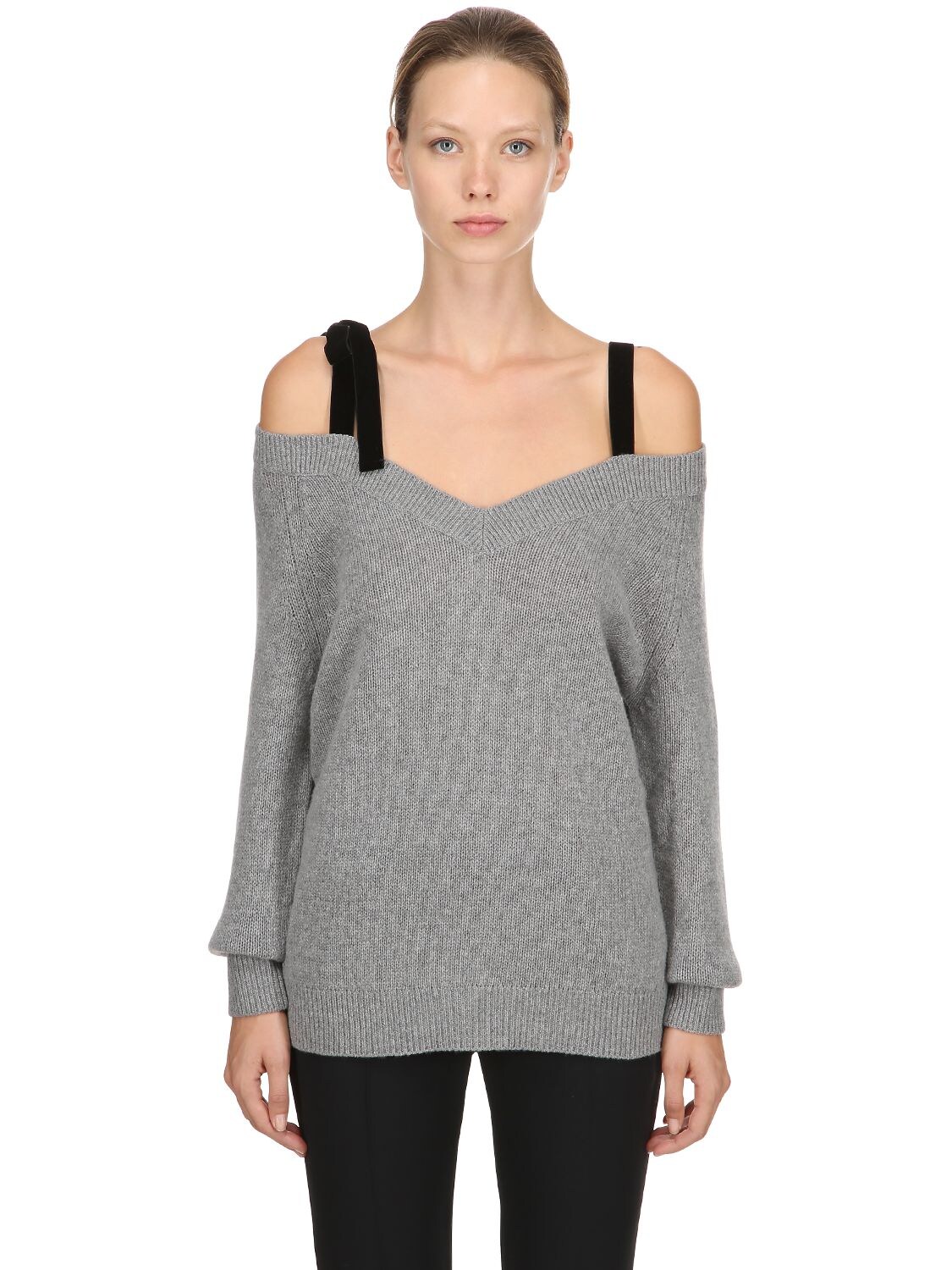 Redv V Neck Wool Sweater W/ Velvet Straps In Grey